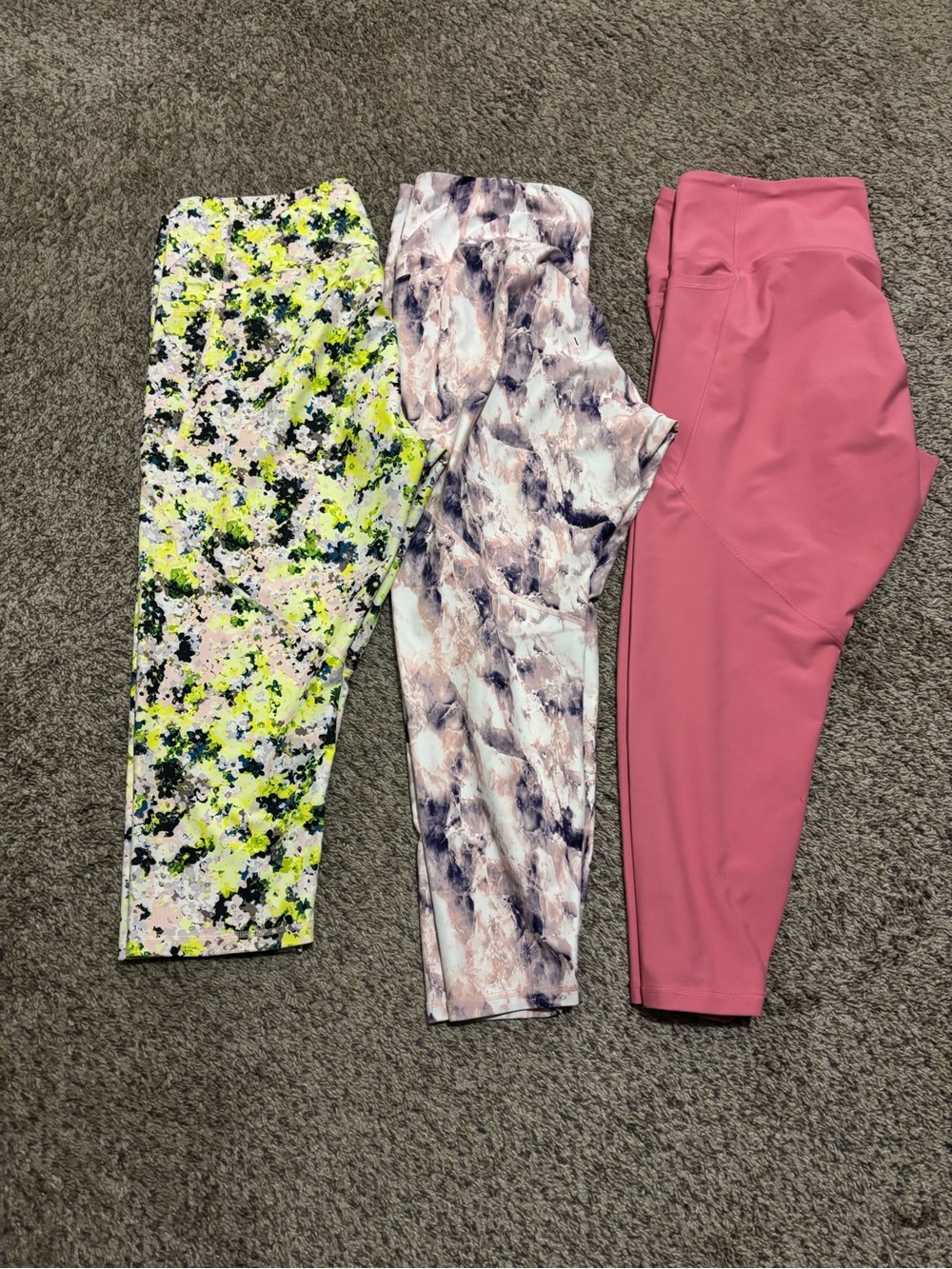 Old Navy Three-Pack Capri Leggings - Neon Floral, Marble Print, Rose Pink